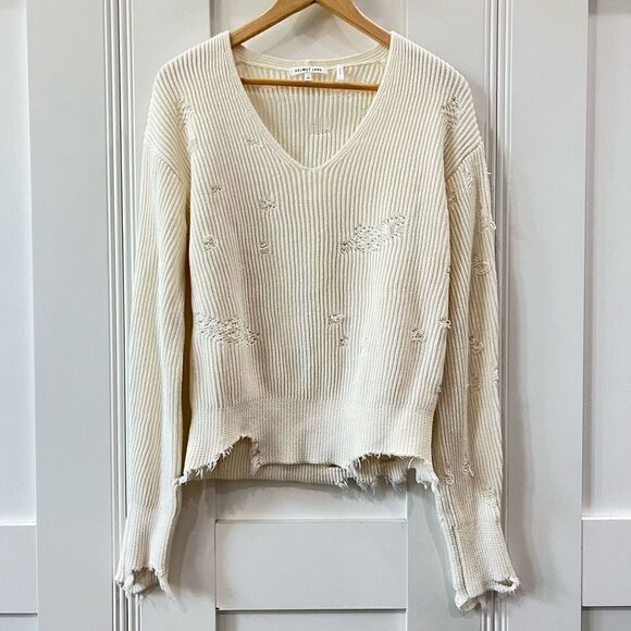 Helmut Lang Women’s XS Cream Wool Blend Oversized Distressed Sweater $425 - Picture 1 of 8